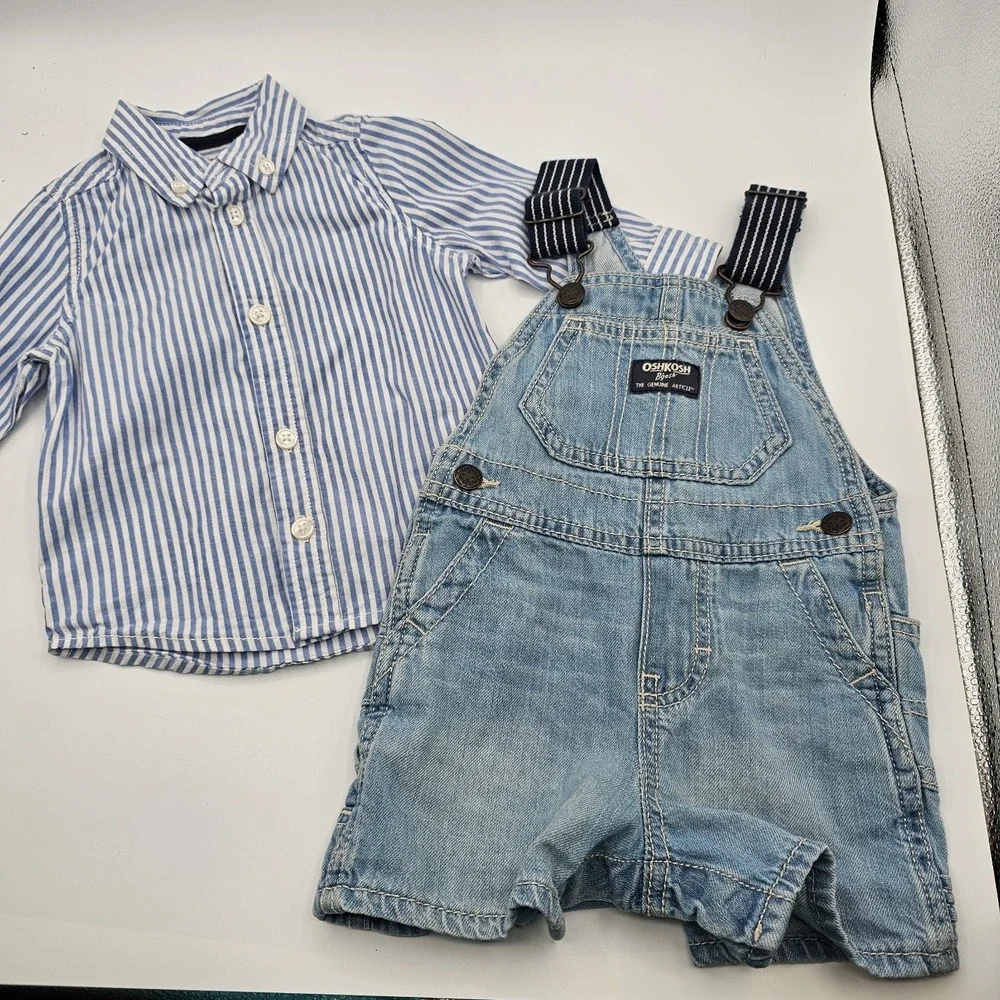 Vintage OshKosh Vestbak Shortalls & Shirt Set 6-9M